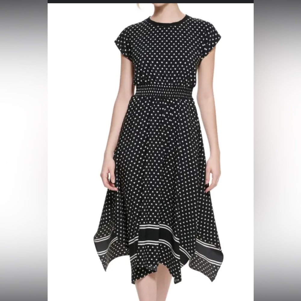 Karl Lagerfeld Heart Print Dress Cap Sleeve Smock Waist Pocket Size 16